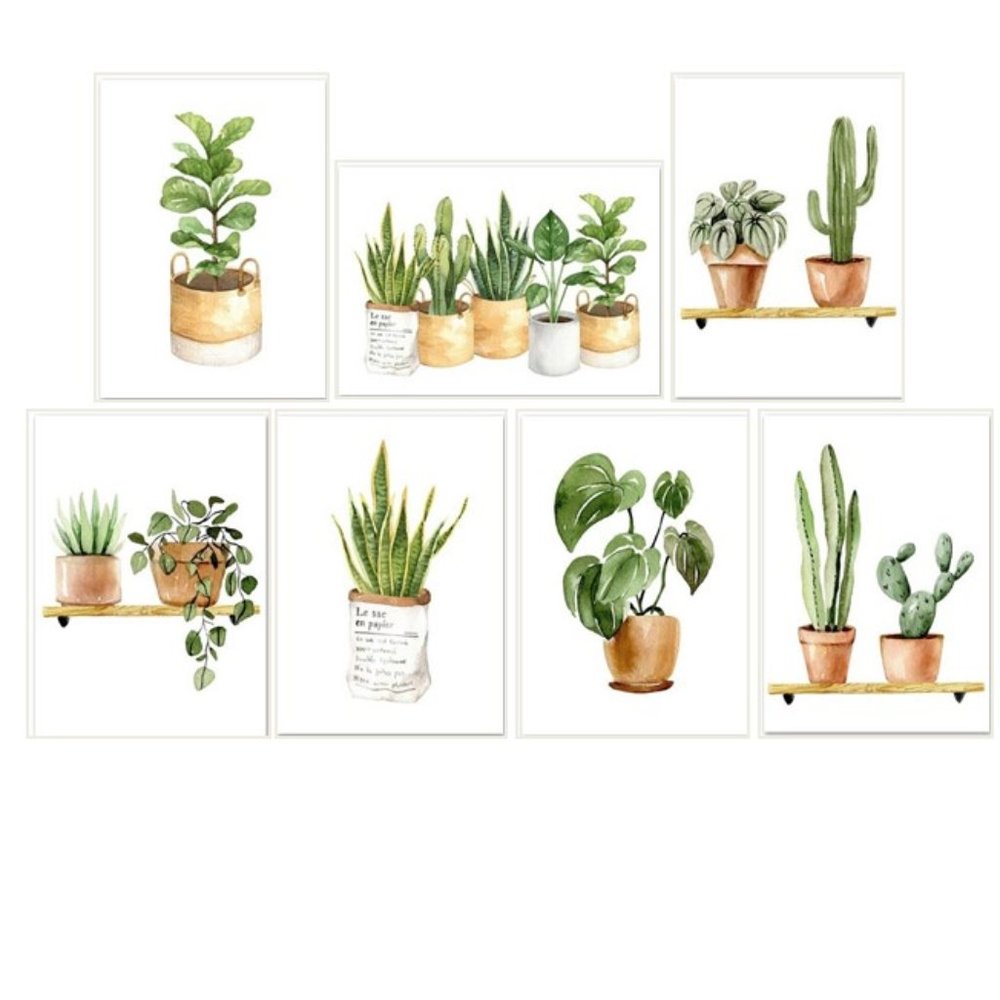 Green Plants Wall Art Canvas Paintings  13x18 cm Set of 7